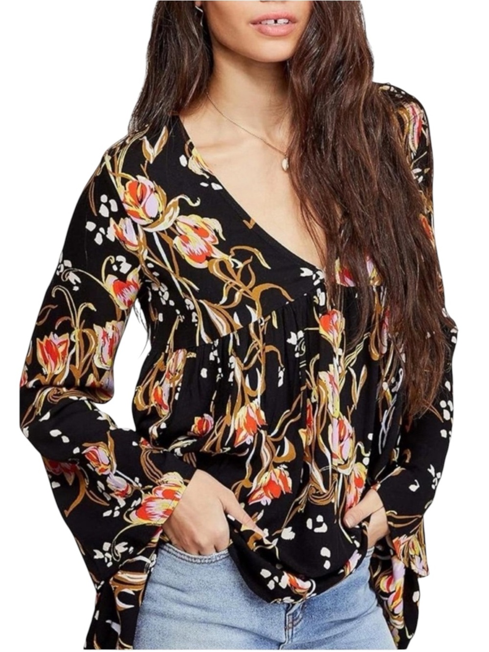 FREE PEOPLE Bella Floral Tunic Blouse Black Boho Romantic Flowy Top M